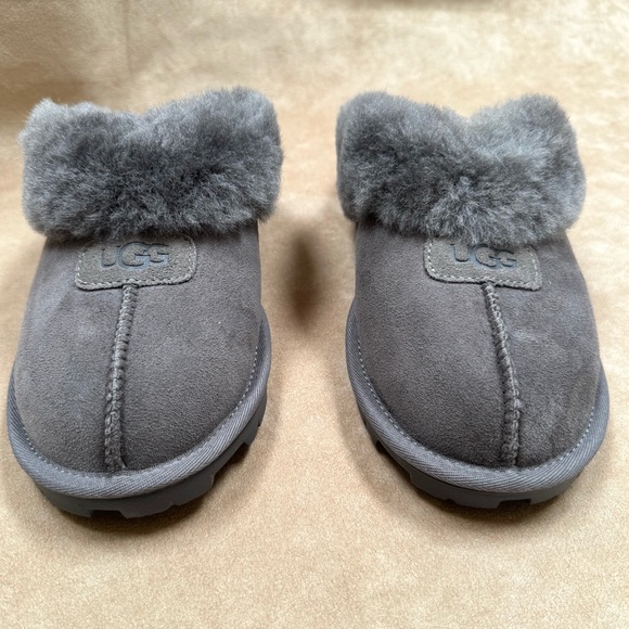 New UGG Coquette Women’s Sheepskin Suede Fur Slippers Shoes Grey 9 NIB Leather - Picture 6 of 11